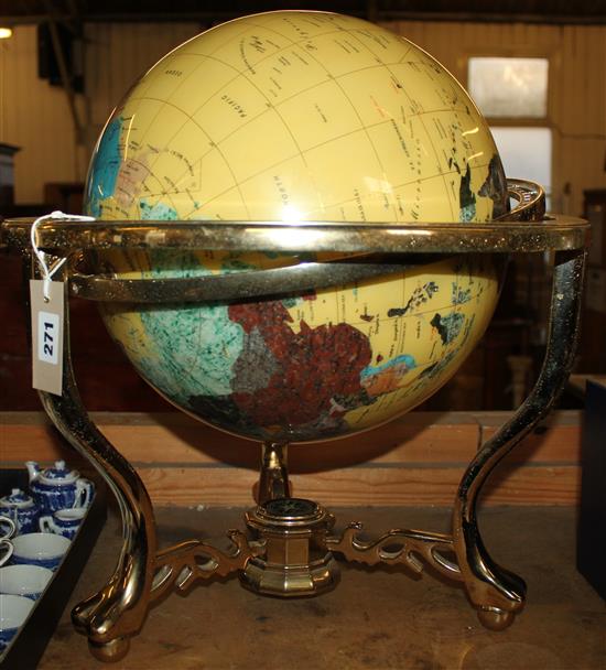 Specimen hardstone terrestial globe, with brass meridian and stand